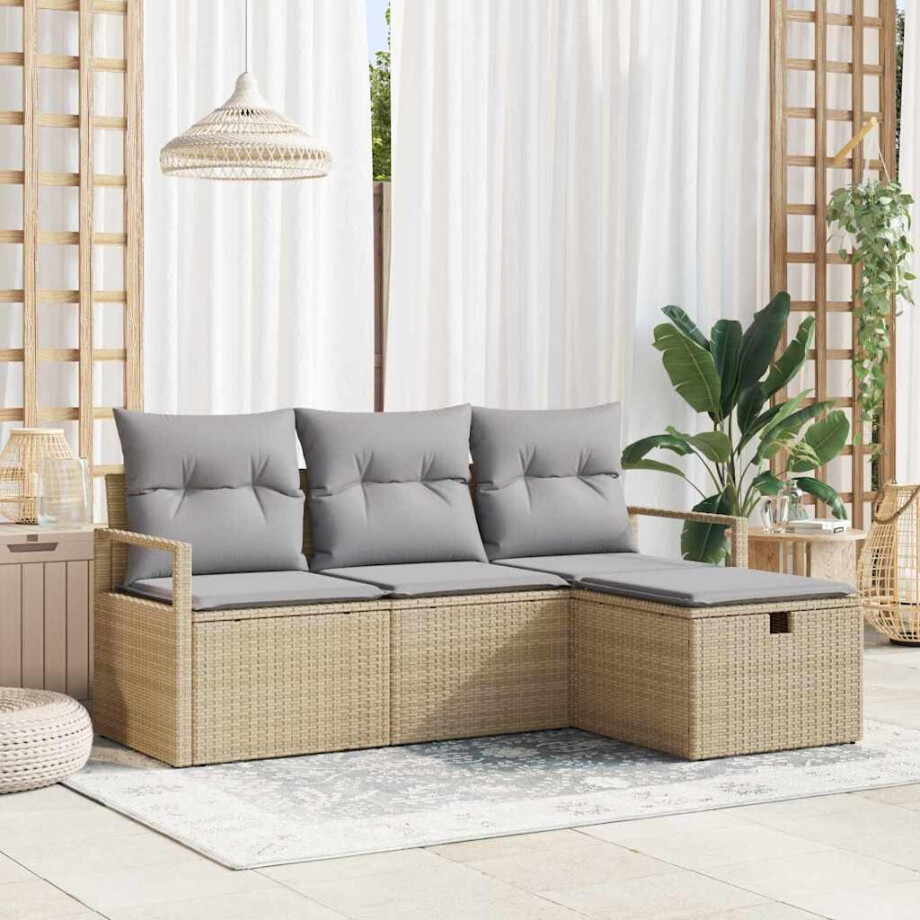 vidaXL Bankstel met kussen 4 pcs Beige en Licht Grijs poly rattan afbeelding 1