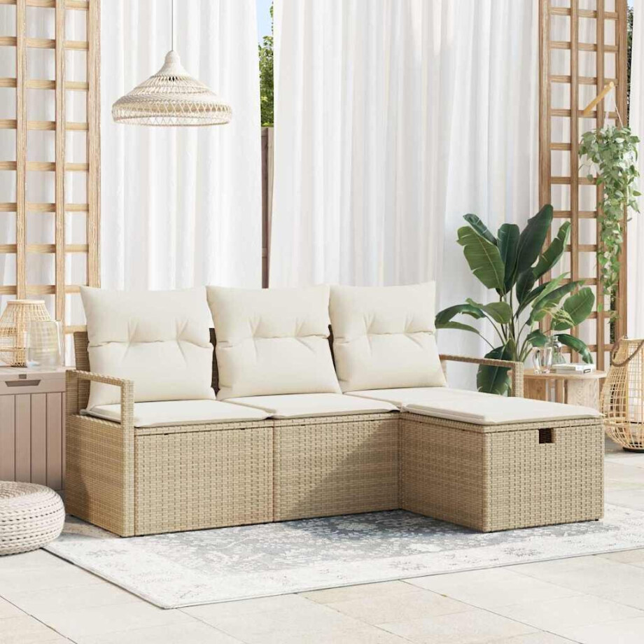 vidaXL Bankstel met kussen met opslag 4 pcs Beige en Crème poly rattan afbeelding 1