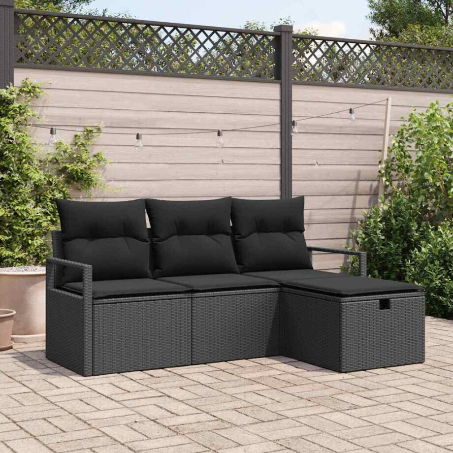 vidaXL Bankstel met kussen met opslag 4 pcs Zwart poly rattan afbeelding 1