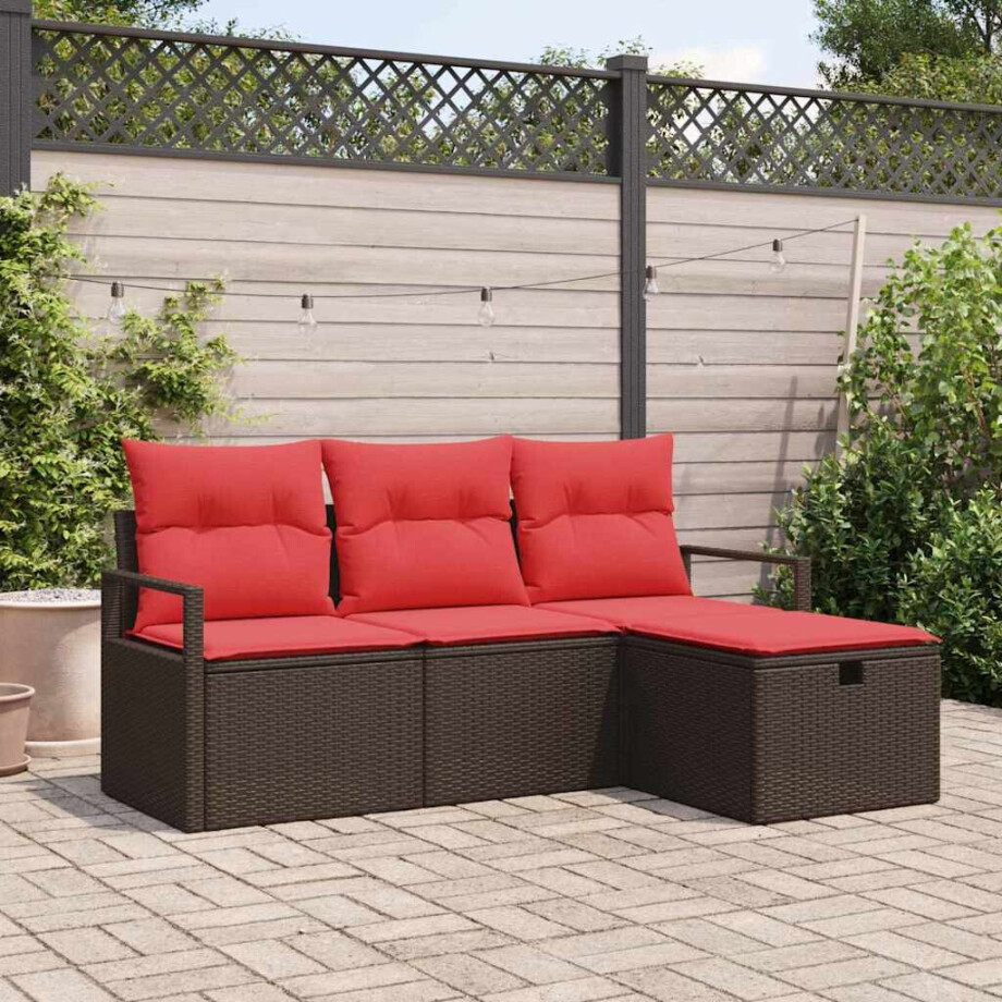 vidaXL Bankstel met kussen met opslag 4 pcs Bruin en Rood poly rattan afbeelding 1