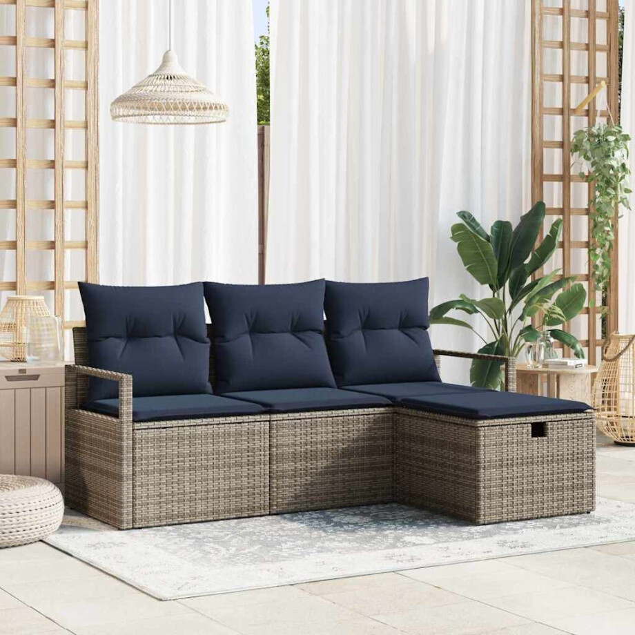 vidaXL Bankstel met kussen 4 pcs Grijs en Marineblauw poly rattan afbeelding 1
