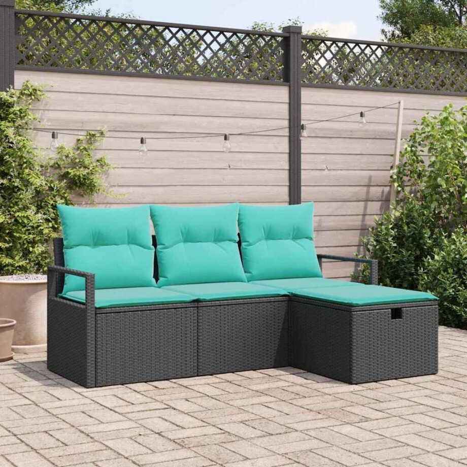vidaXL Bankstel met kussen 4 pcs Zwart en Turquoise poly rattan afbeelding 1