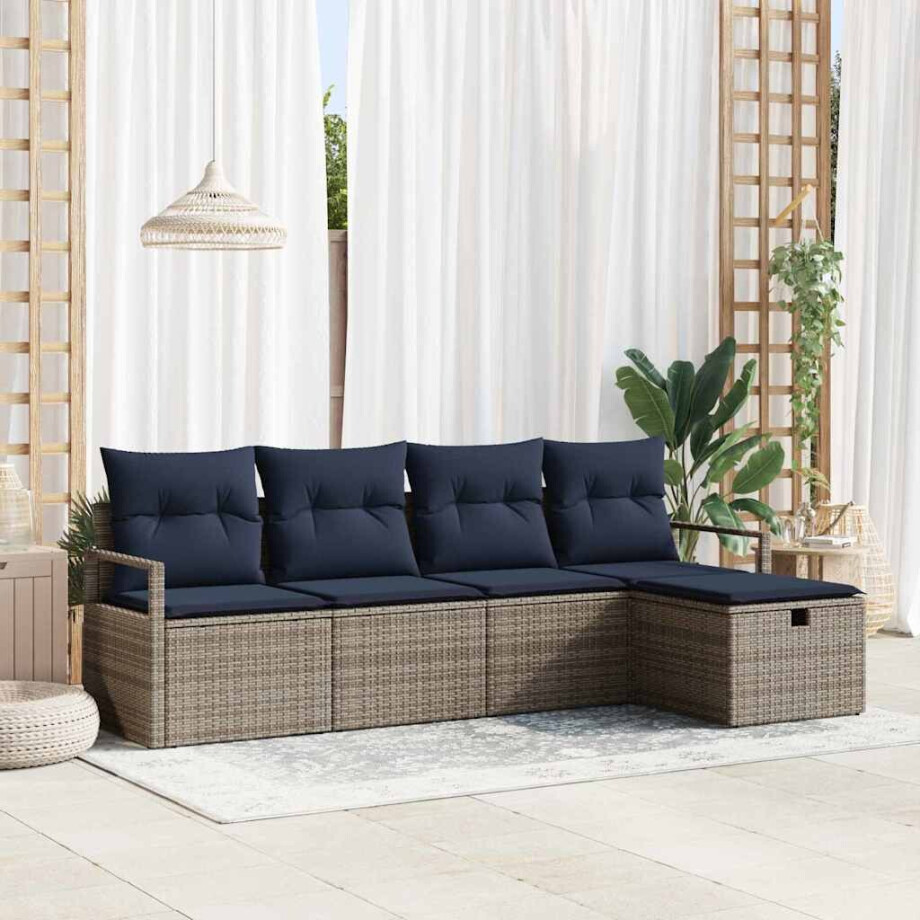 vidaXL Bankstel met kussen 5 pcs Grijs en Marineblauw poly rattan afbeelding 1