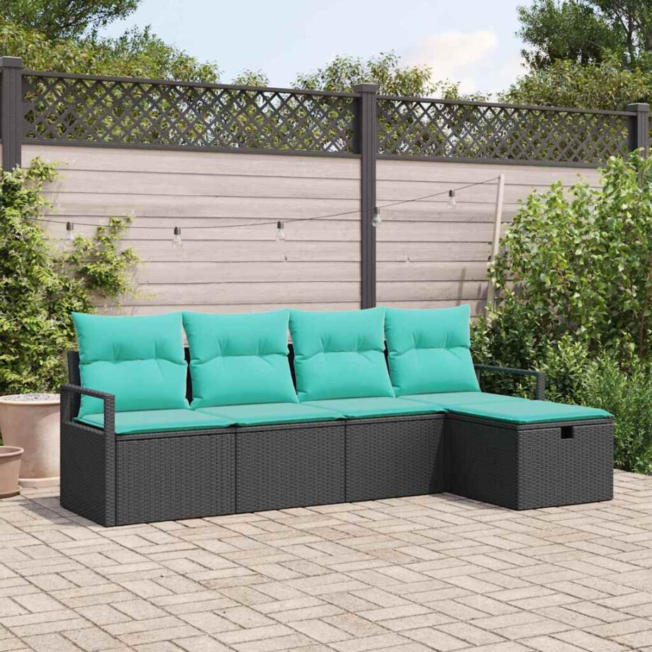 vidaXL Bankstel met kussen 5 pcs Zwart en Turquoise poly rattan afbeelding 1