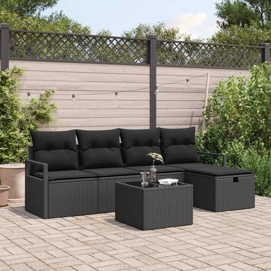 vidaXL Bankstel met kussen met opslag 6 pcs Zwart poly rattan afbeelding 1