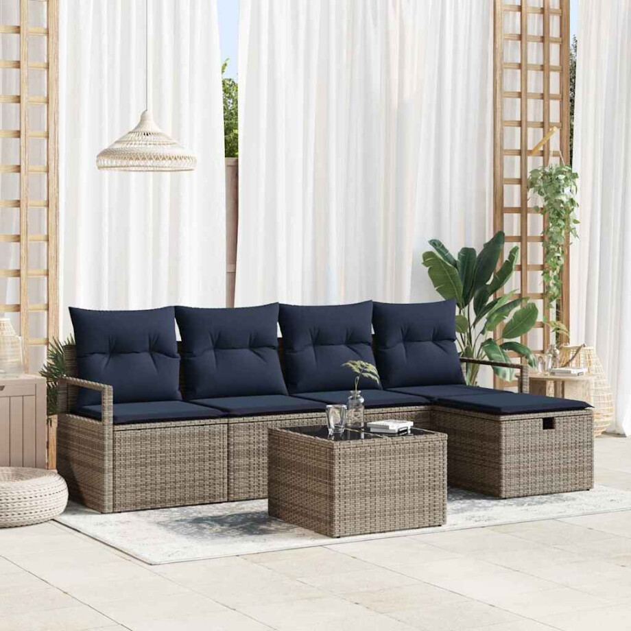 vidaXL Bankstel met kussen met opslag Grijs en Marineblauw poly rattan afbeelding 1