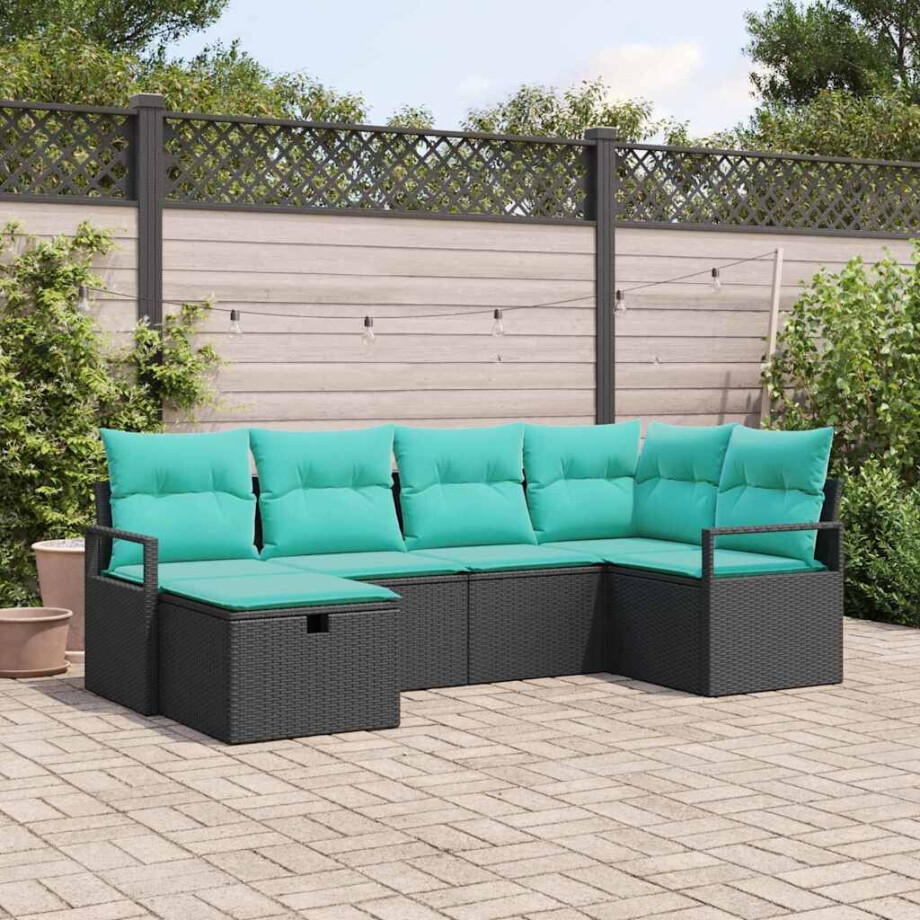 vidaXL Bankstel met kussen 6 pcs Zwart en Turquoise poly rattan afbeelding 1