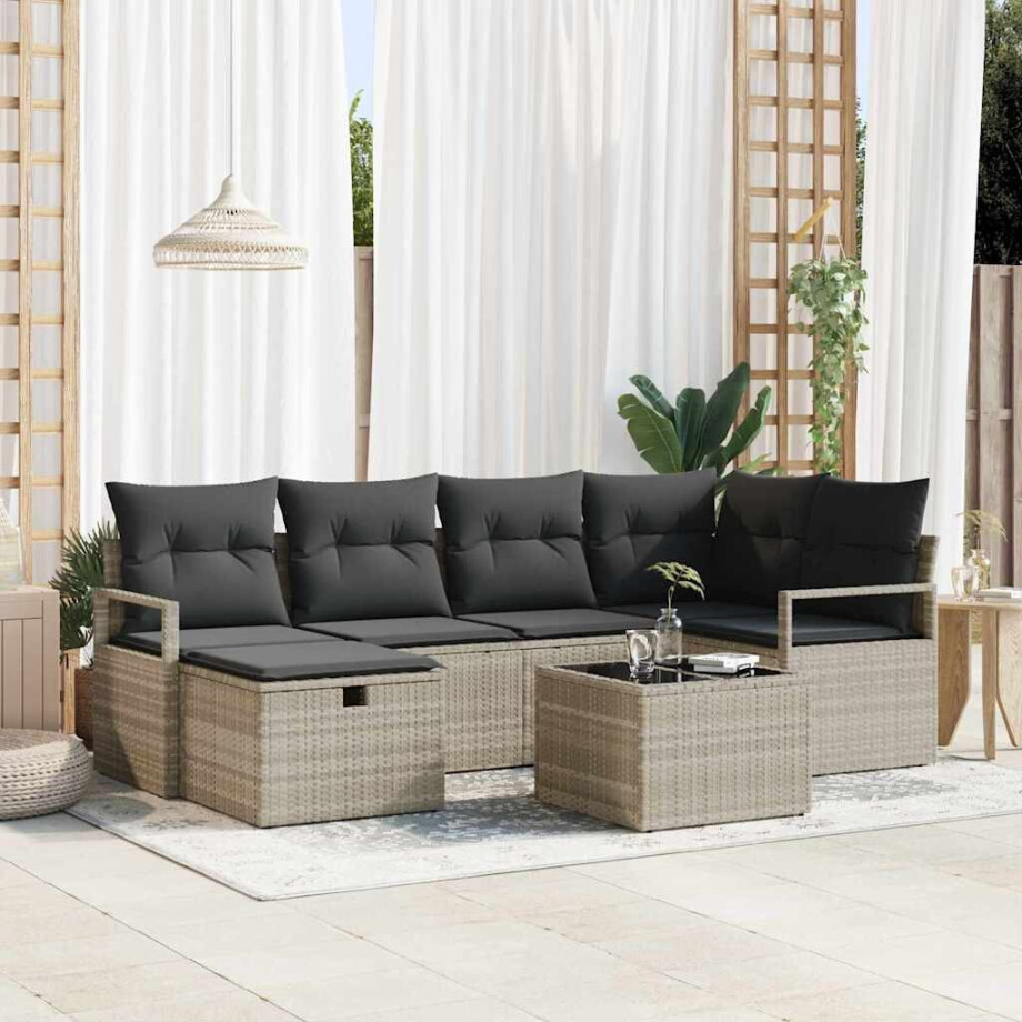 vidaXL Bankstel met kussen met opslag 7 pcs Lichtgrijs poly rattan afbeelding 1