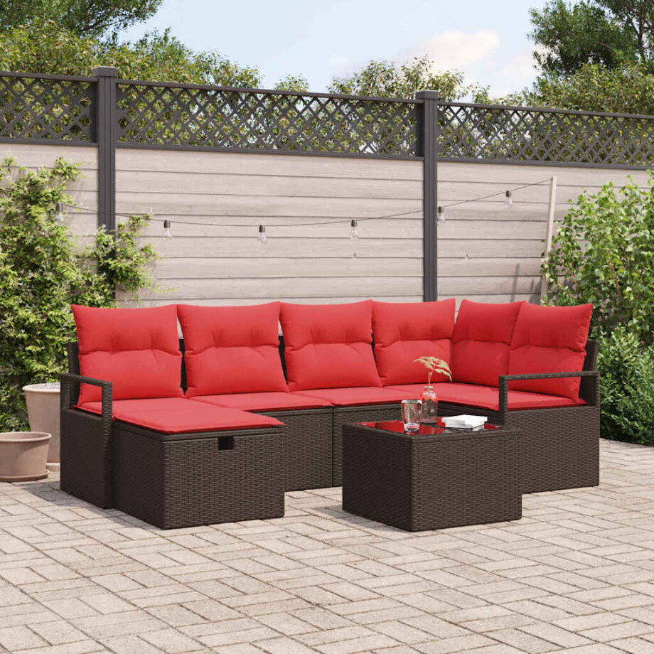 vidaXL Bankstel met kussen met opslag 7 pcs Bruin en Rood poly rattan afbeelding 1