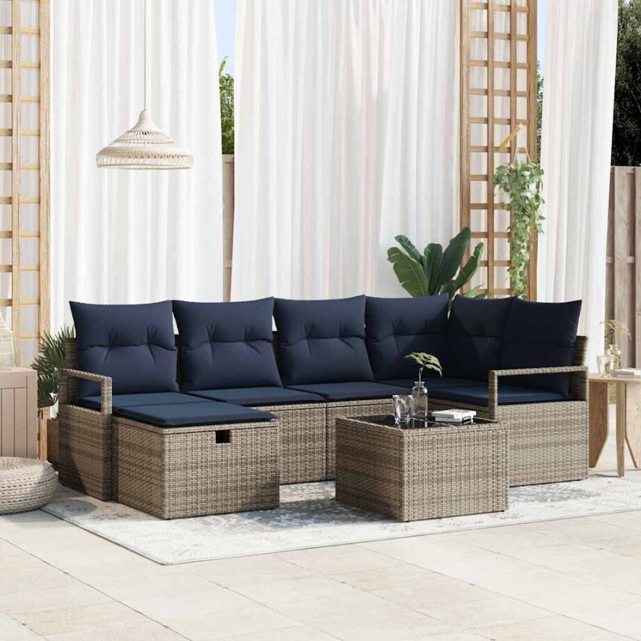 vidaXL Bankstel met kussen met opslag Grijs en Marineblauw poly rattan afbeelding 1