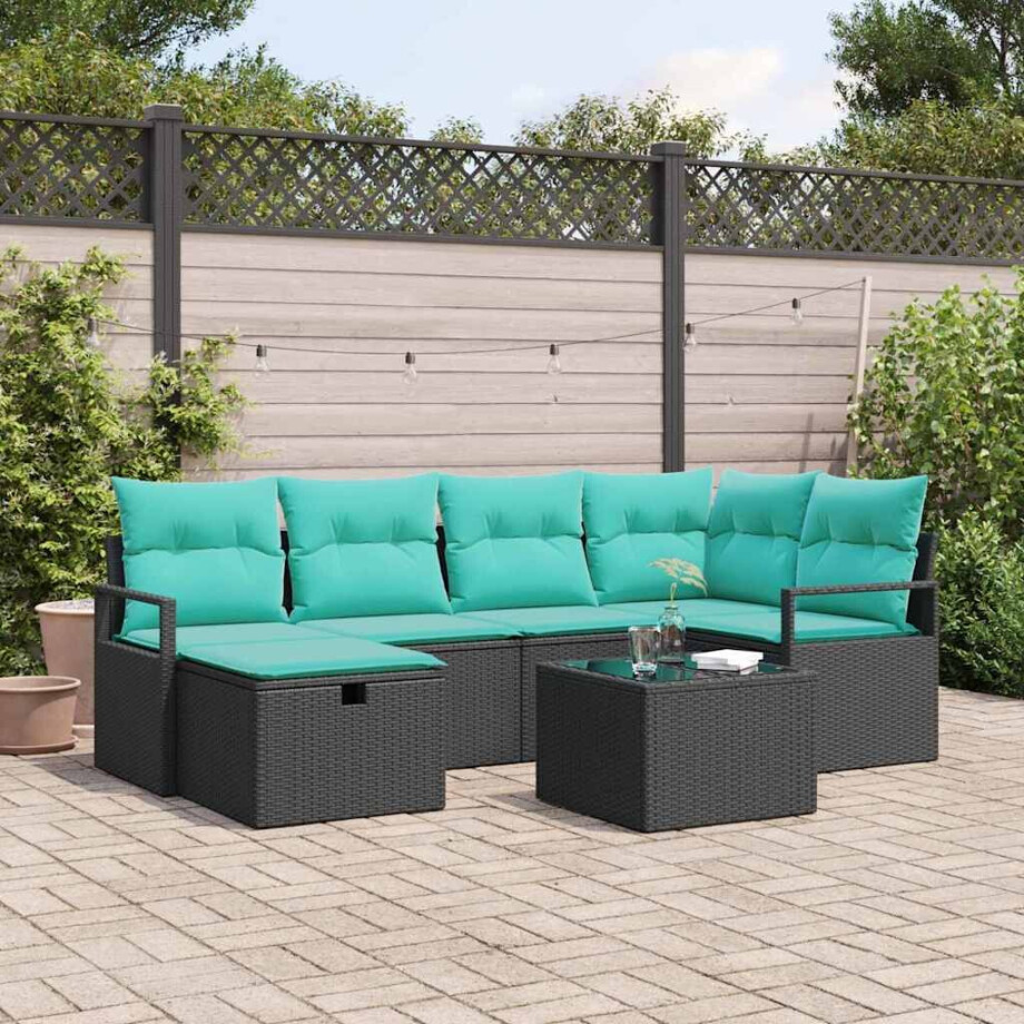 vidaXL Bankstel met kussen 7 pcs Zwart en Turquoise poly rattan afbeelding 1