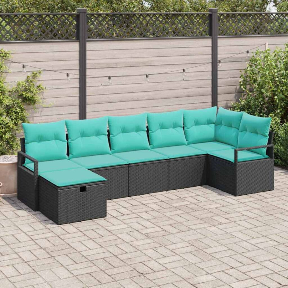vidaXL Bankstel met kussen 7 pcs Zwart en Turquoise poly rattan afbeelding 1