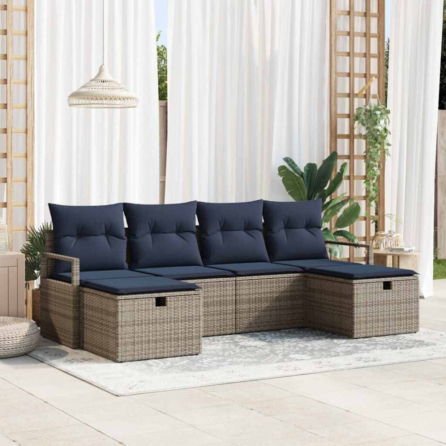 vidaXL Bankstel met kussen 6 pcs Grijs en Marineblauw poly rattan afbeelding 1