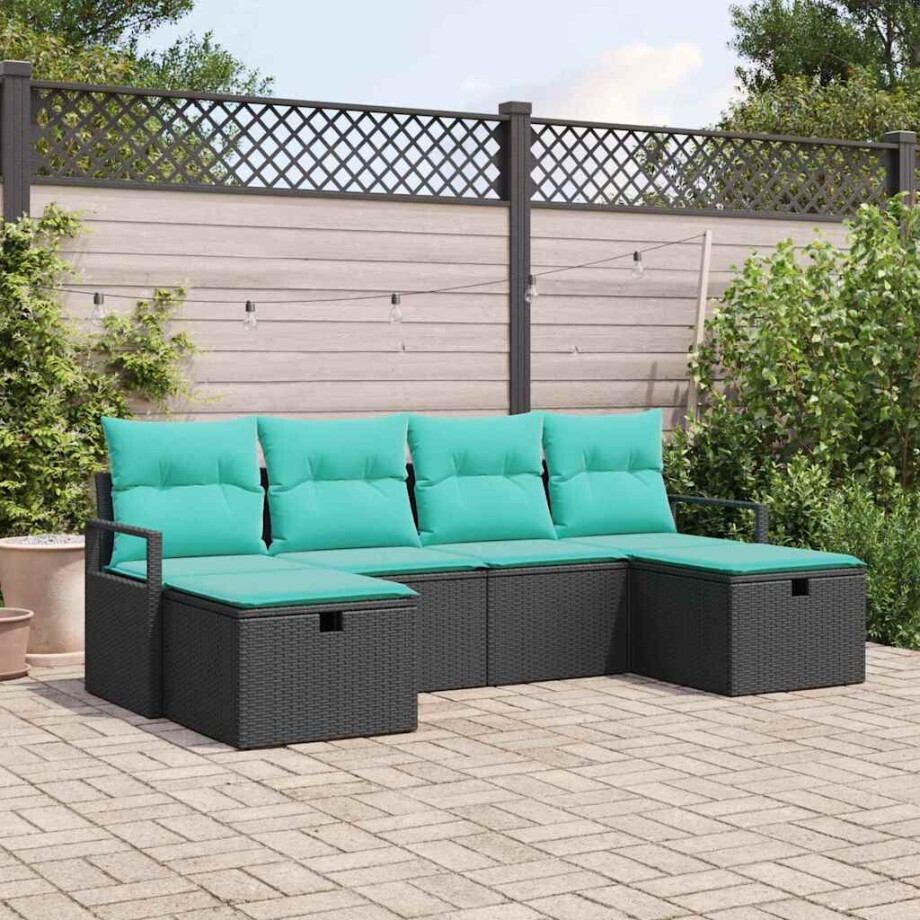 vidaXL Bankstel met kussen 6 pcs Zwart en Turquoise poly rattan afbeelding 1