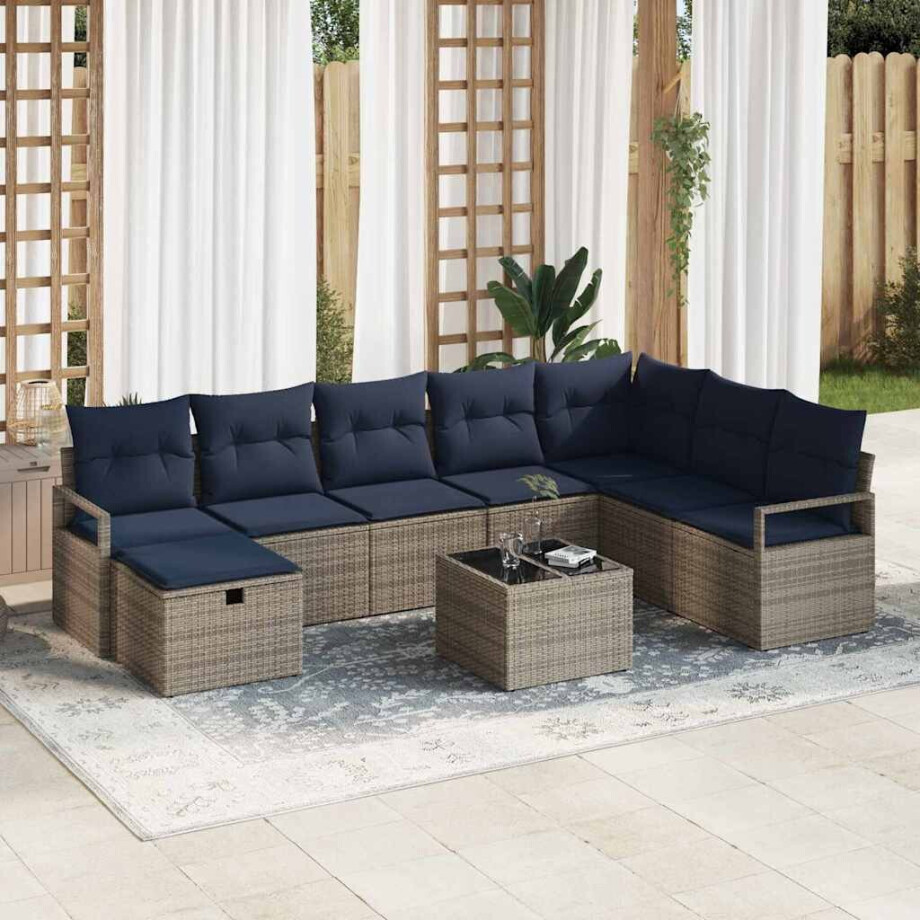 vidaXL Bankstel met kussen met opslag 9 pcs Grijs poly rattan vidaXL Bankstel met kussen met opslag 9 pcs Grijs poly rattan afbeelding 1