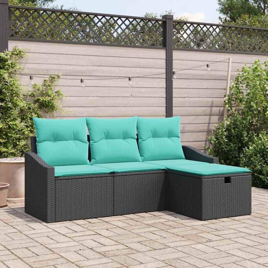 vidaXL Bankstel met kussen met opslag 4 pcs Zwart Poly riet vidaXL Bankstel met kussen met opslag 4 pcs Zwart Poly riet afbeelding 1