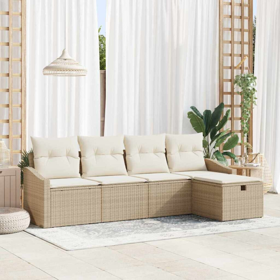 vidaXL Bankstel met kussen met opslag 5 pcs Beige poly rattan vidaXL Bankstel met kussen met opslag 5 pcs Beige poly rattan afbeelding 1