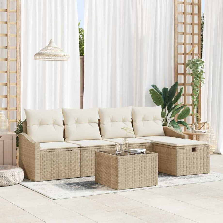 vidaXL Bankstel met kussen met opslag Beige poly rattan afbeelding 1