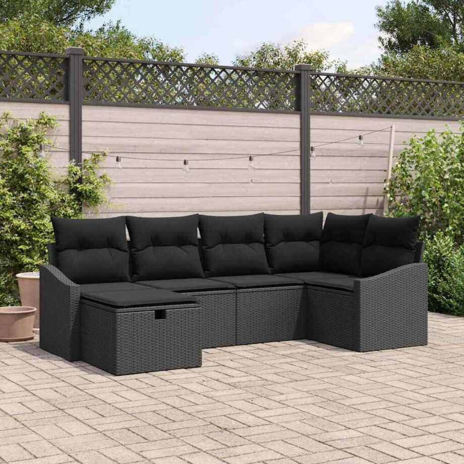 vidaXL Bankstel met kussen met opslag 6 pcs Zwart poly rattan afbeelding 1