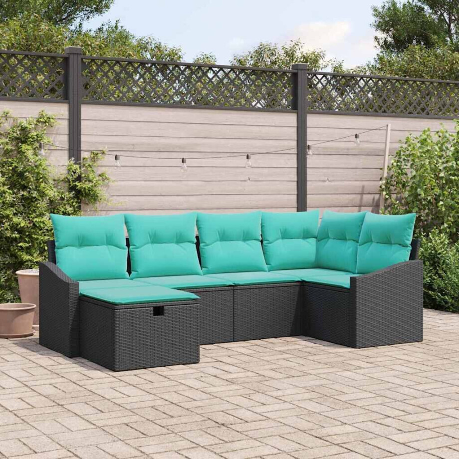vidaXL Bankstel met kussen met opslag 6 pcs Zwart poly rattan afbeelding 1