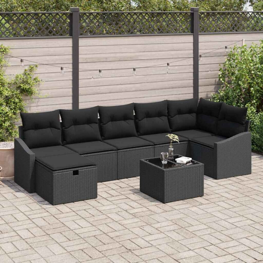 vidaXL Bankstel met kussen met opslag 8 pcs poly rattan afbeelding 1