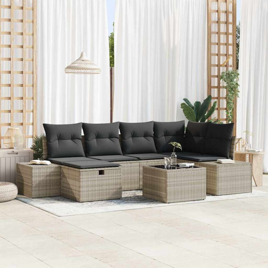 vidaXL Tuin Sofa Set met kussen 7 pcs Lichtgrijs poly rattan afbeelding 1
