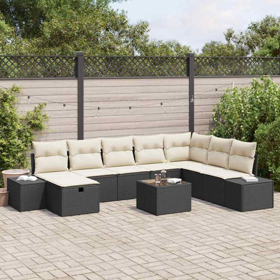 vidaXL Tuin Sofa Set met kussen 9 pcs Zwart poly rattan afbeelding 1
