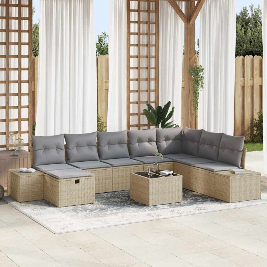 vidaXL Tuin Sofa Set met kussen 9 pcs Beige poly rattan afbeelding 1