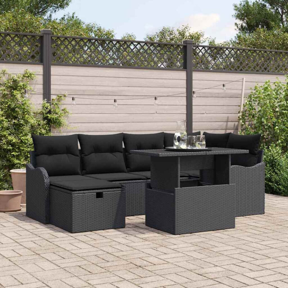vidaXL Tuin Sofa Set met kussen met opslag 7 pcs Zwart Poly riet afbeelding 1