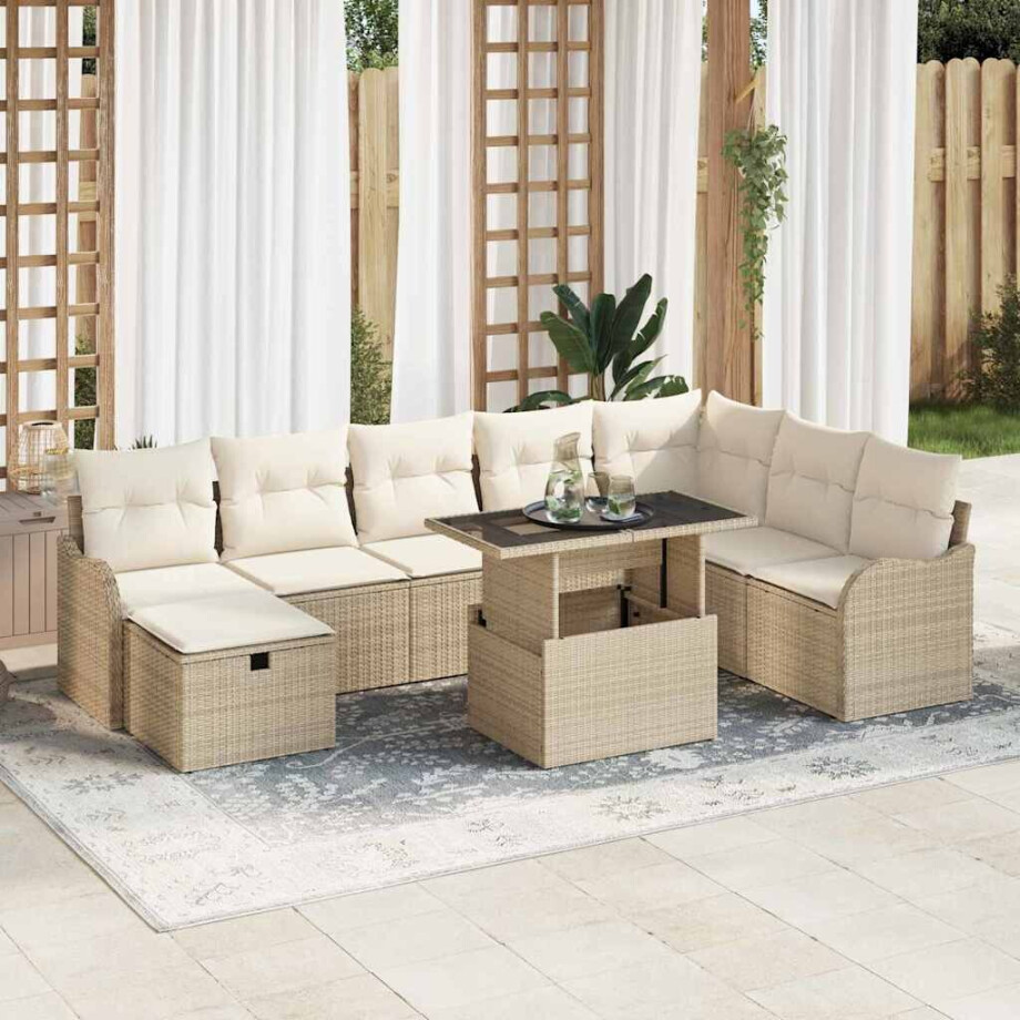 vidaXL Tuin Sofa Set met kussen met opslag 9 pcs Beige Poly riet afbeelding 1