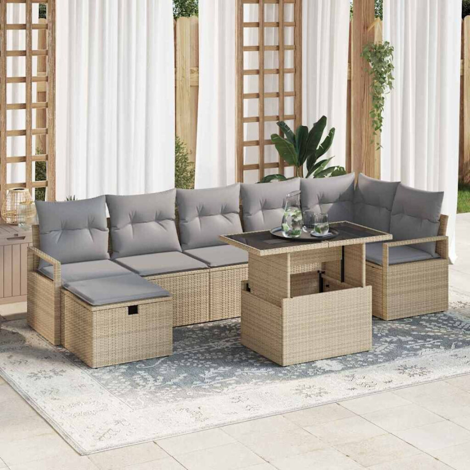 vidaXL Tuin Sofa Set met kussen met opslag 8 pcs Beige Poly riet afbeelding 1
