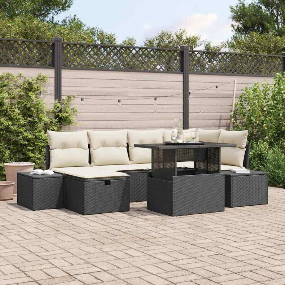 vidaXL Tuin Sofa Set met kussen met opslag 7 pcs Zwart Poly riet afbeelding 1