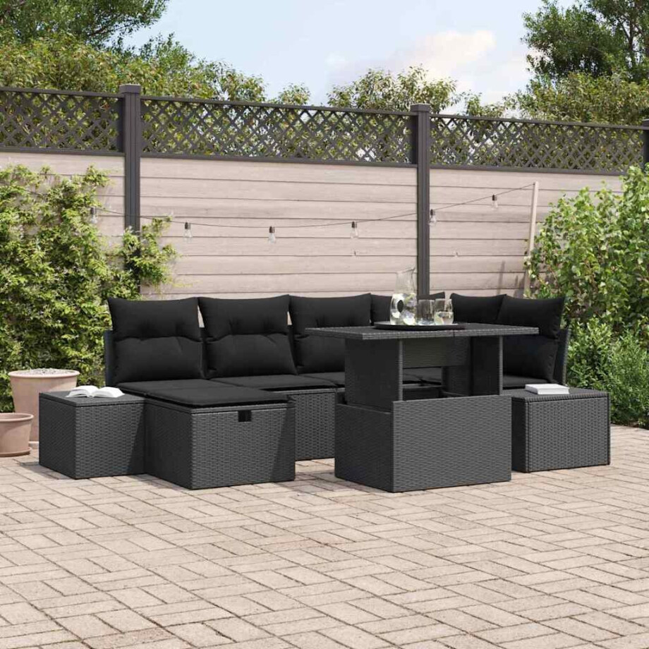 vidaXL Tuin Sofa Set met kussen met opslag 7 pcs Zwart Poly riet afbeelding 1