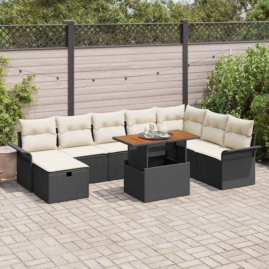 vidaXL Tuin Sofa Set met kussen met opslag 9 pcs Zwart Poly riet afbeelding 1