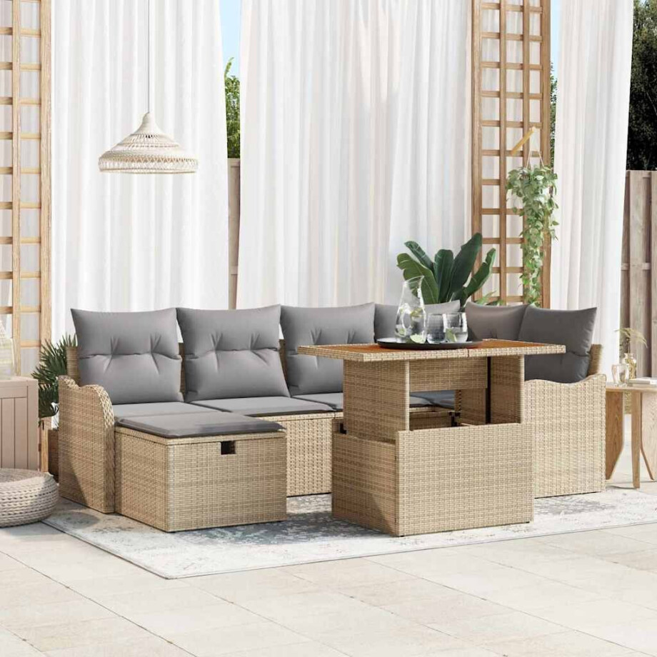 vidaXL Tuin Sofa Set met kussen met opslag 7 pcs Beige Poly riet afbeelding 1
