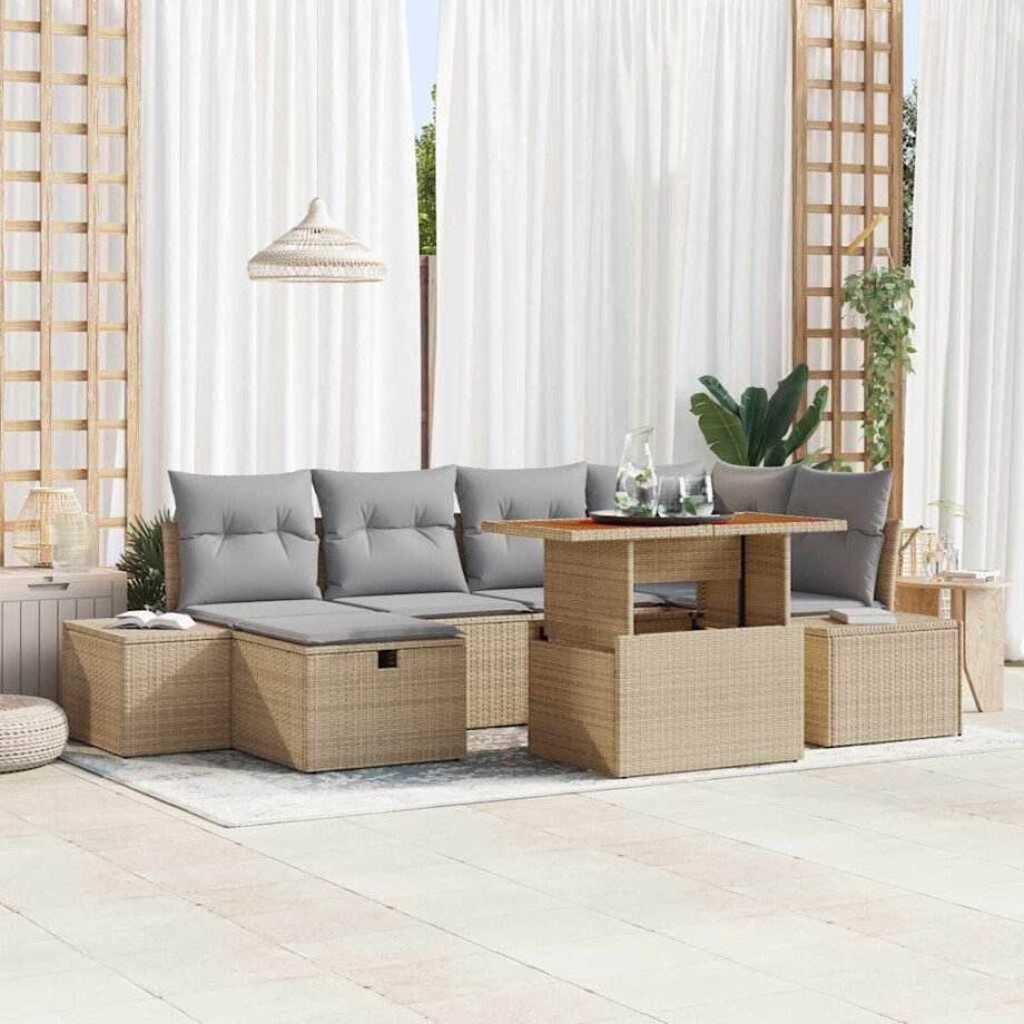 vidaXL Tuin Sofa Set met kussen met opslag 7 pcs Beige Poly riet afbeelding 1