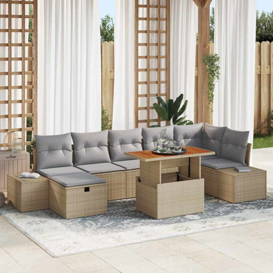 vidaXL Tuin Sofa Set met kussen met opslag 8 pcs Beige Poly riet afbeelding 1