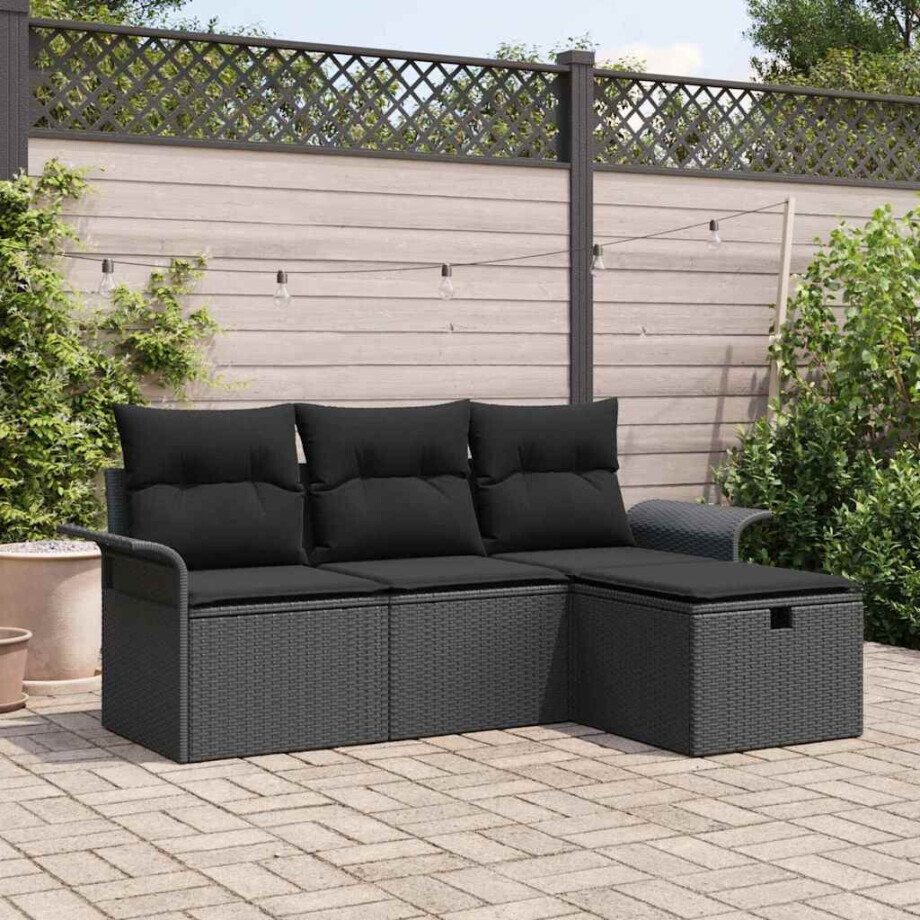 vidaXL Tuin Sofa Set met kussen met opslag 4 pcs Zwart Poly riet afbeelding 1