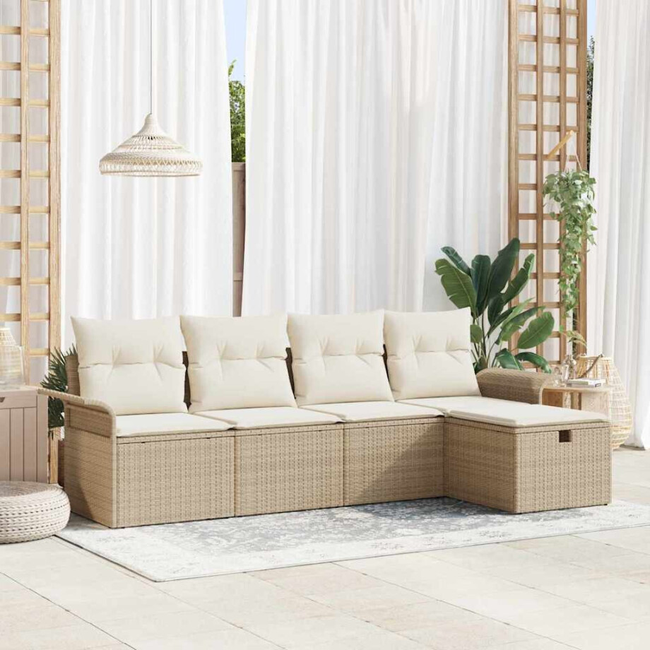 vidaXL 5-delige tuinsofa set met kussens in beige poly rattan afbeelding 1