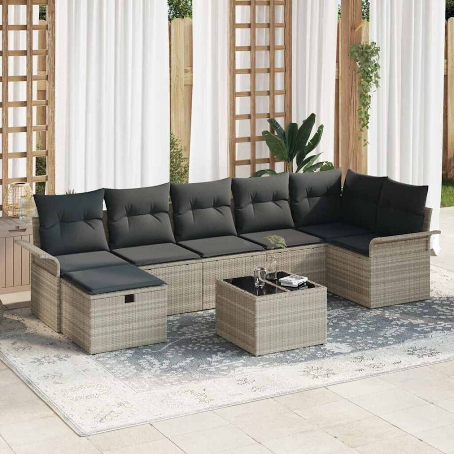 vidaXL Tuin Sofa Set met kussen met opslag 8 pcs Lichtgrijs Poly riet afbeelding 1