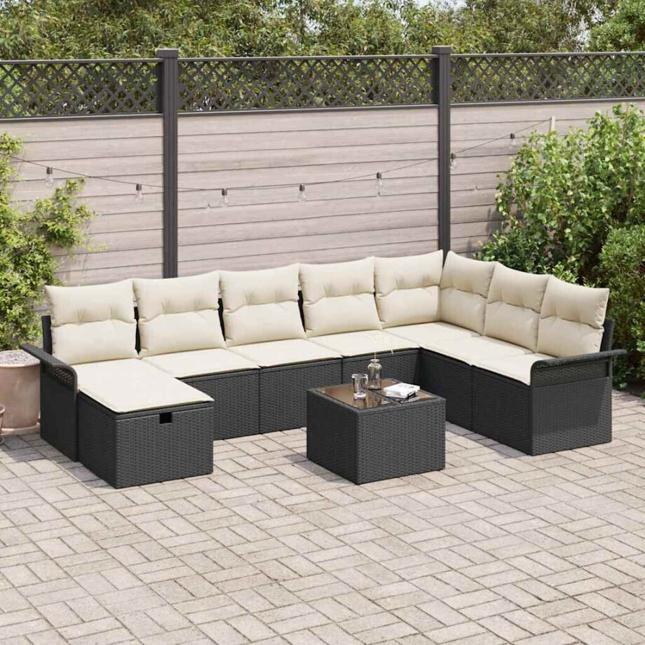 vidaXL Tuin Sofa Set met kussen met opslag 9 pcs Zwart Poly riet afbeelding 1
