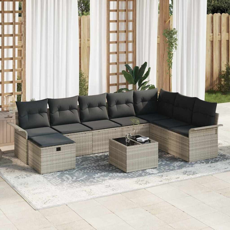 vidaXL Tuin Sofa Set met kussen met opslag 9 pcs Lichtgrijs Poly riet afbeelding 1
