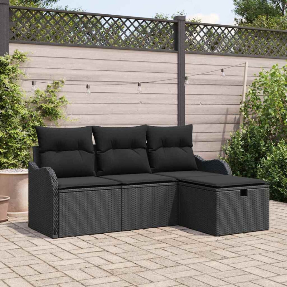 vidaXL Tuin Sofa Set met kussen met opslag 4 pcs Zwart Poly riet afbeelding 1