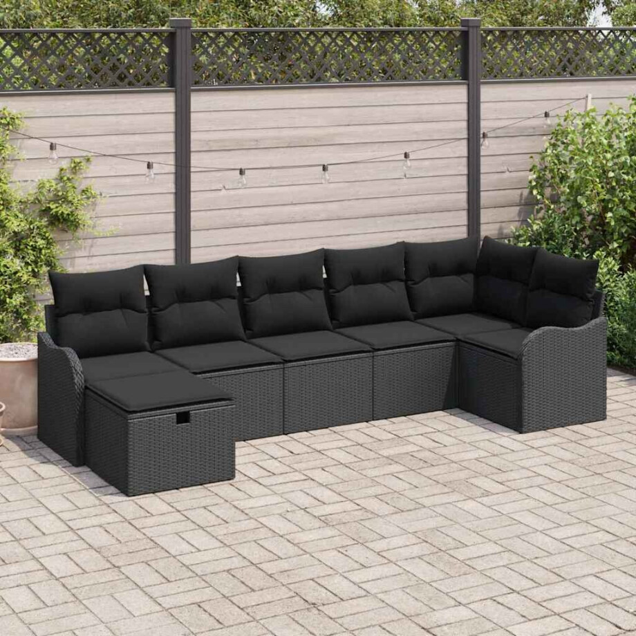 vidaXL Tuin Sofa Set met kussen met opslag 7 pcs Zwart Poly riet afbeelding 1