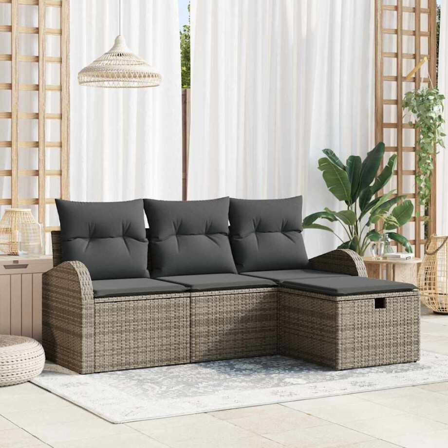 vidaXL Tuin Sofa Set met kussen met opslag 4 pcs Grijs Poly riet afbeelding 1