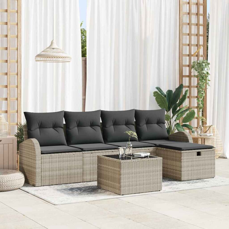 vidaXL Tuin Sofa Set met kussen met opslag 6 pcs Lichtgrijs Poly riet afbeelding 1