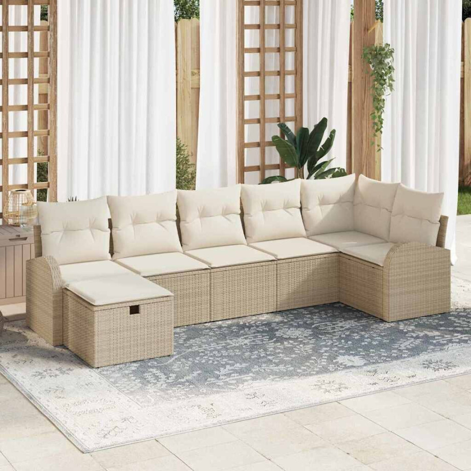 vidaXL Tuin Sofa Set met kussen met opslag 7 pcs Beige poly rattan afbeelding 1