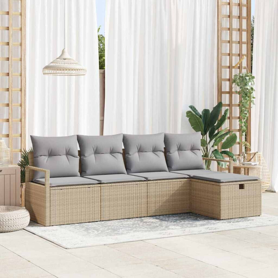 vidaXL Tuin Sofa Set met kussen met opslag 5 pcs Beige Poly riet afbeelding 1
