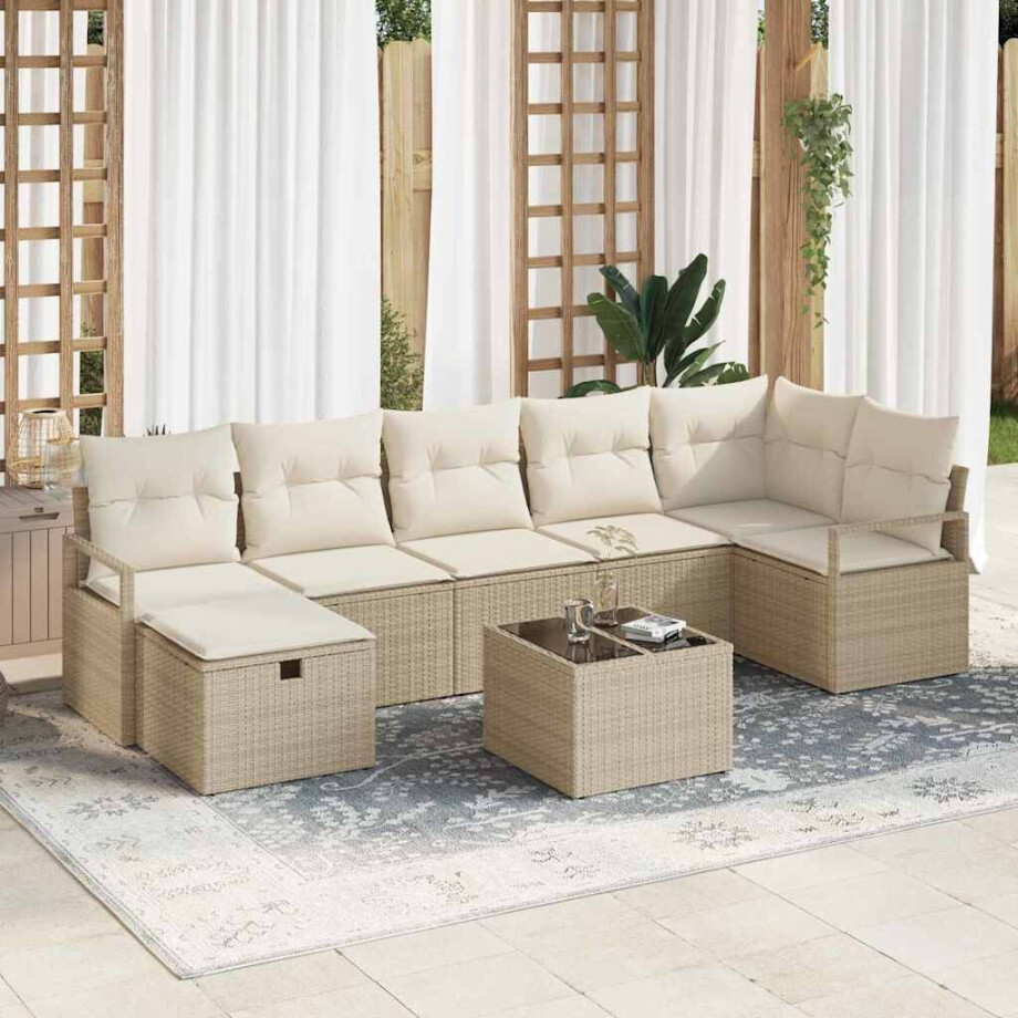 vidaXL Tuin Sofa Set met kussen met opslag 8 pcs Beige Poly riet afbeelding 1