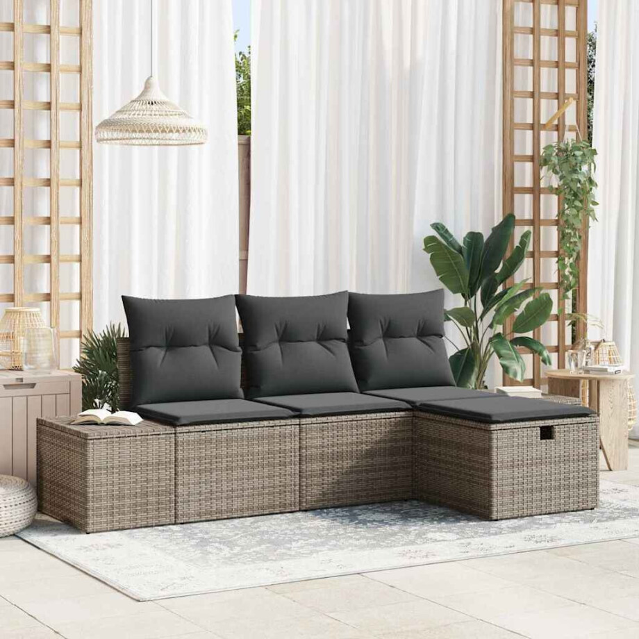 vidaXL Bankstel met kussen 4 pcs poly rattan afbeelding 1